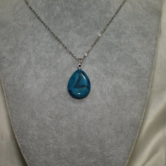 Blue Teardrop Stone Pendant Necklace – Polished Natural Look, Silver Chain - Picture 4 of 7